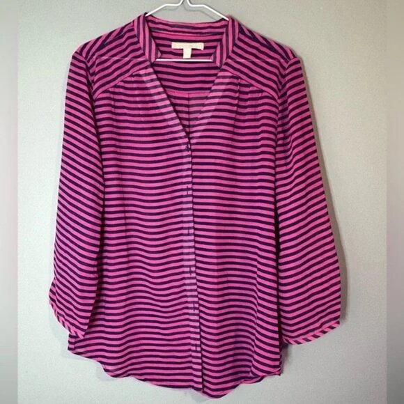 Banana Republic size M Pink and Black Striped Sheer 3/4 sleeve button up blouse - Picture 2 of 7
